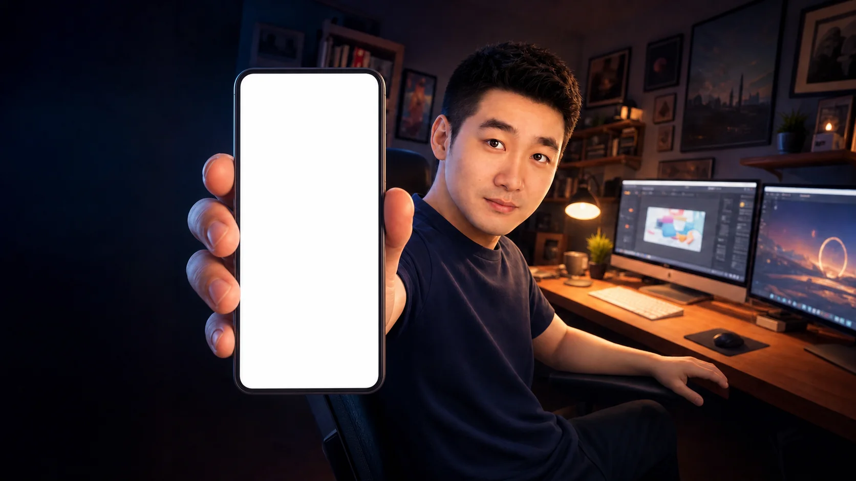 刘俊 3D 动画人物在创作工作室展示手机
